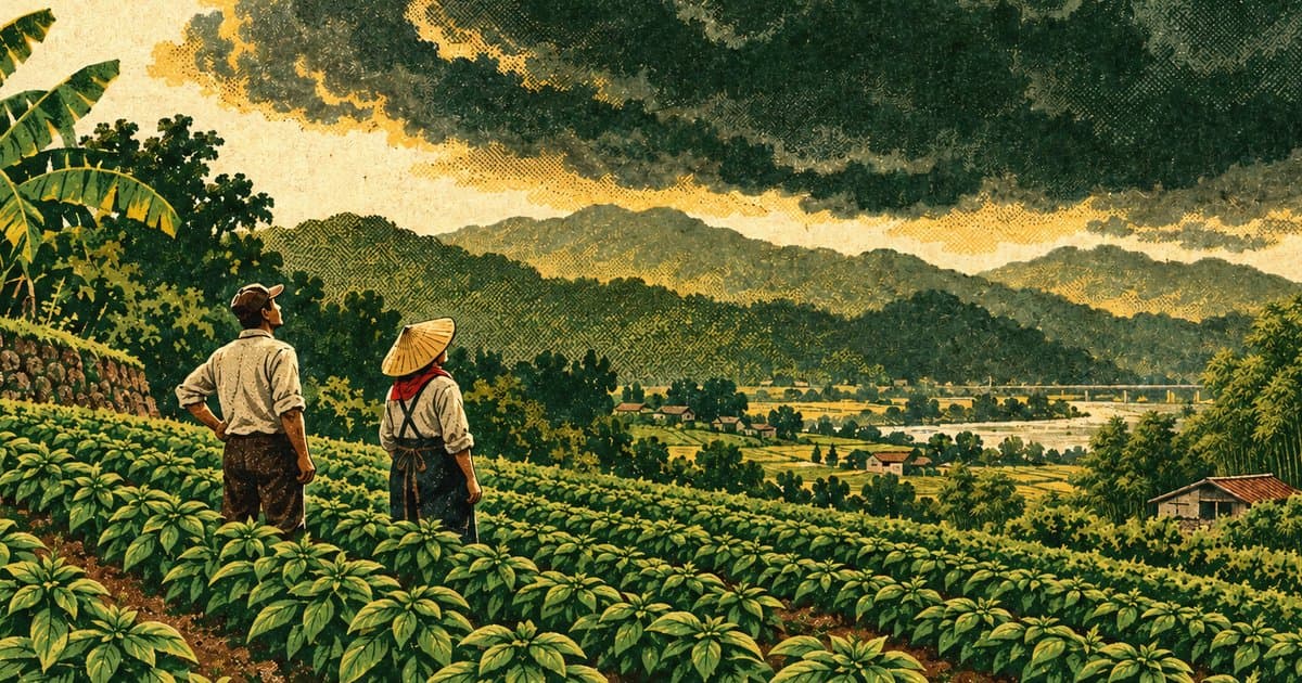 大溪的羅勒田，兩個農人抬頭看著壓境的雷雨雲