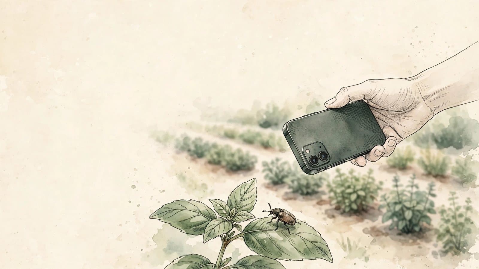 水彩插畫:手持手機拍下羅勒葉上的甲蟲,示意用 iNaturalist 記錄農場物種