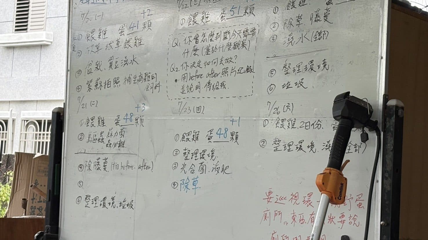 農場白板上每天手寫的工作紀錄:撿蛋數量、除草、澆水與觀察