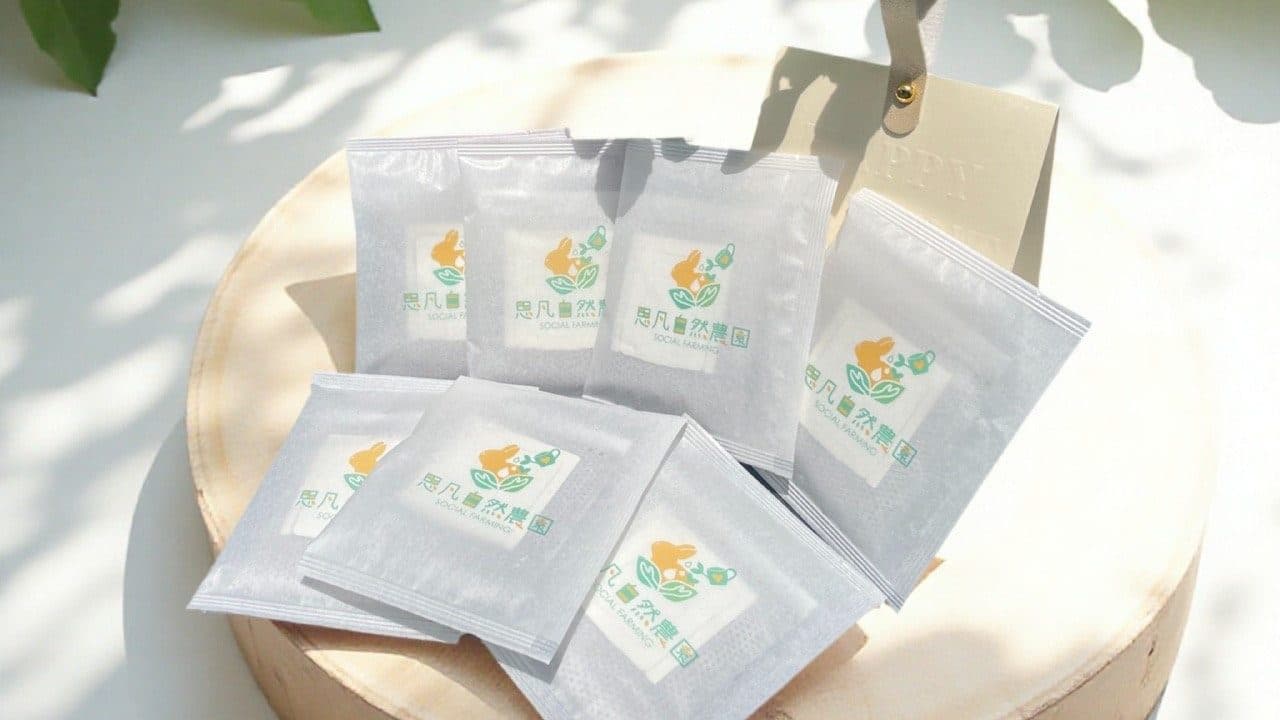 印有思凡自然農園標誌的香草茶包,散放在木盤與牛皮紙卡上