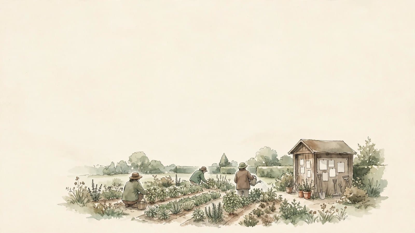 水彩插畫:遠看社區農園,幾位農友在香草田工作,一旁小屋貼著公告,示意社會面的在地參與