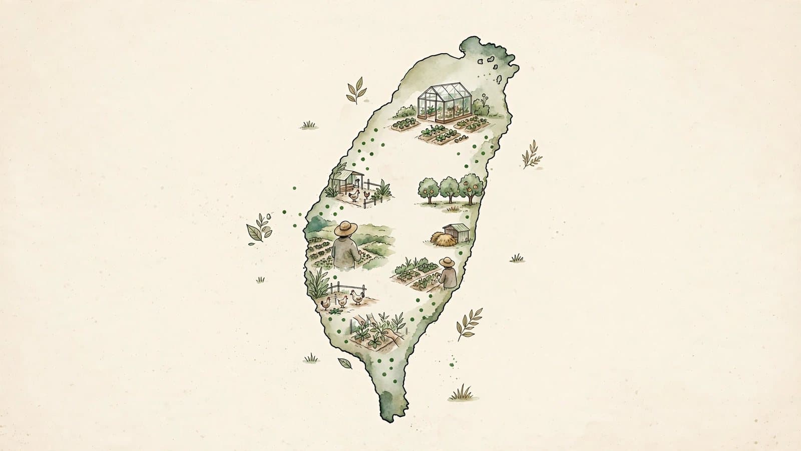 水彩插畫:台灣地圖上分布著幾座小農場與一座溫室,示意分散在各縣市的社福機構合作農場