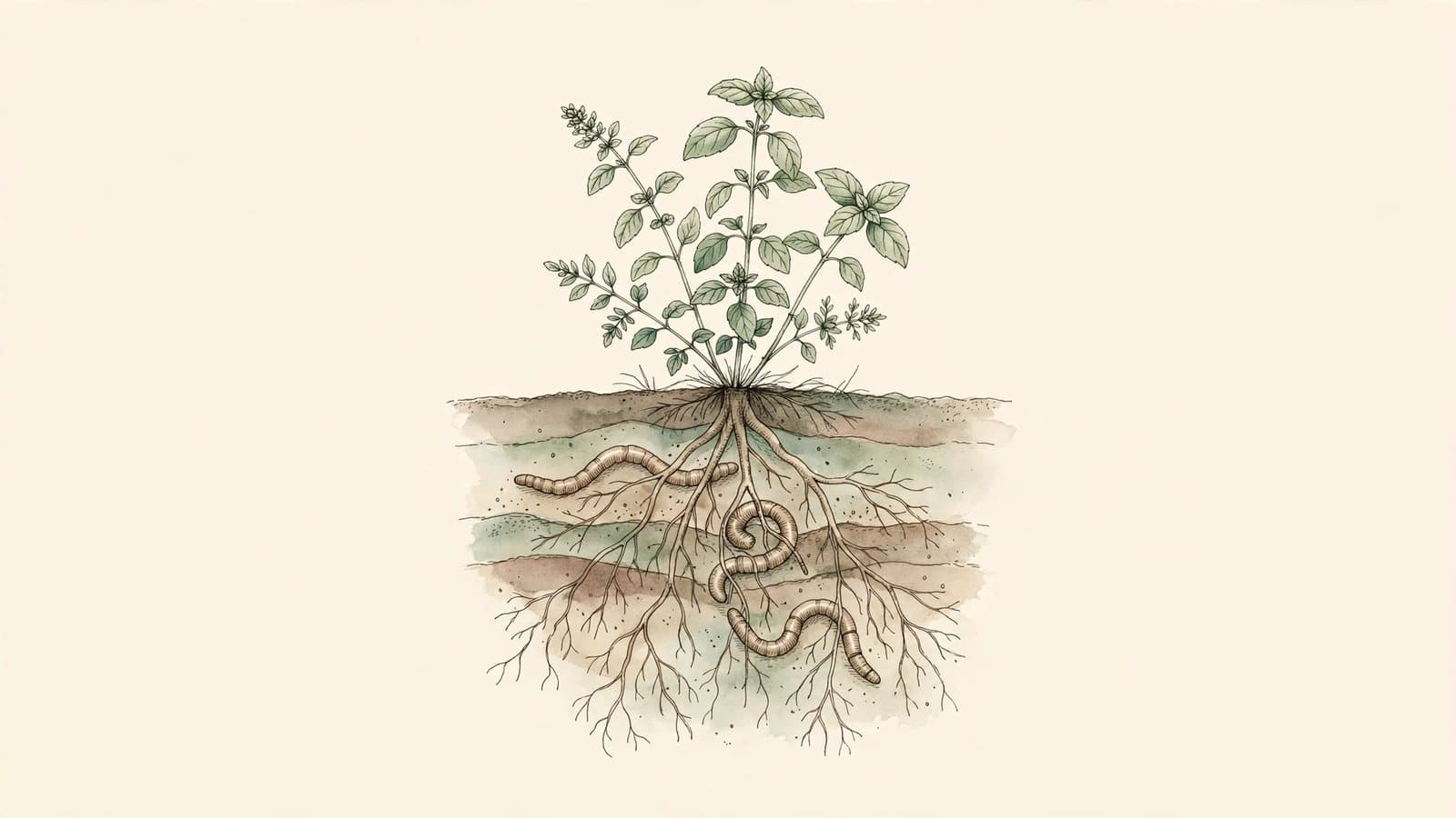 水彩插畫:香草植株下方的土壤剖面,有根系與蚯蚓,示意土壤中的碳與農業碳權的判斷